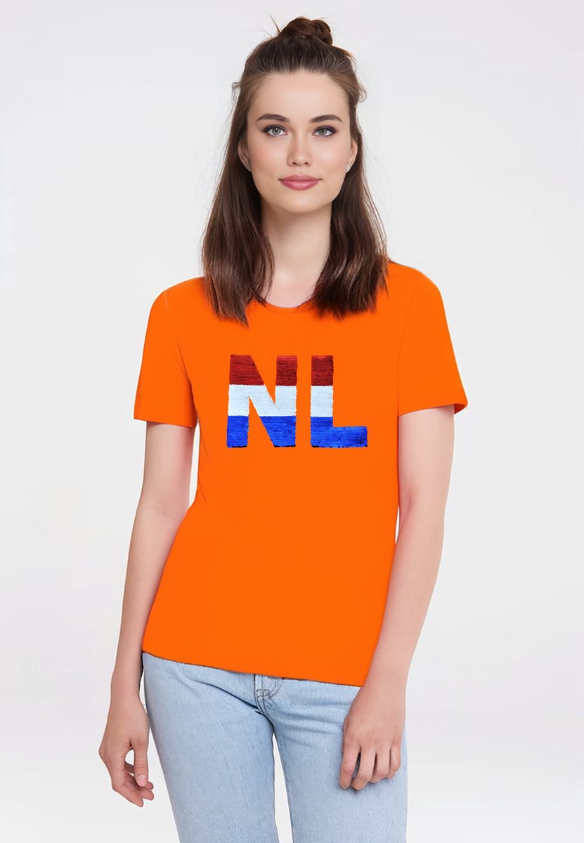 Dames Slim fit T-shirt Nederlandse vlag met magic sequence | koningsdag kleding| Holland | EK-WK-Olympische Spelen | Oranje | maat M